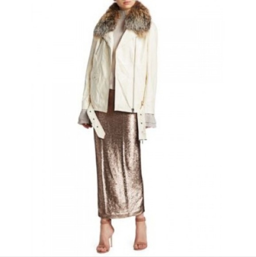 CINQ À SEPT Lamb Leather and Fox Fur Collar Jacket